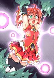 Rule 34 | 1girl, ahoge, armpits, arms up, blush, bow, elbow gloves, gloves, glowing, green eyes, hair bow, magical girl, molestation, orb, original, pleated skirt, pussy juice, red hair, red skirt, restrained, skirt, sleeveless, sweat, tentacles, thighhighs, tomoshibi hidekazu, twintails, white bow