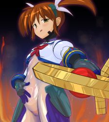 Rule 34 | 1girl, black gloves, blush, breasts, brown eyes, brown hair, cameltoe, closed mouth, covered navel, darken (darken13), fire, from below, gloves, hair ornament, hair ribbon, looking at viewer, looking down, lyrical nanoha, magical girl, mahou shoujo lyrical nanoha, mahou shoujo lyrical nanoha a&#039;s, numbers&#039; uniform, pregnant, ribbon, see-through, shiny clothes, shiny skin, short hair, short twintails, skin tight, slave tattoo, small breasts, smile, solo, standing, takamachi nanoha, tattoo, tongue, tongue out, twintails