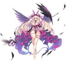 Rule 34 | arm ribbon, artemis (destiny child), bare shoulders, black wings, blonde hair, breasts, choker, destiny child, detached sleeves, double bun, feathers, frills, hair bun, hair ornament, hairband, heart-shaped lock, holding, holding staff, how, long hair, medium breasts, purple eyes, ribbon, staff, tail, thighhighs, transparent background, white legwear, wings