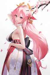 Rule 34 | 1girl, absurdres, animal ears, arm up, ass, branch, cherry blossoms, fox ears, from behind, genshin impact, hair ornament, highres, japanese clothes, long hair, looking back, pink hair, ponytail, purple eyes, senba (592683801), smile, turning head, yae miko