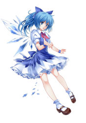 Rule 34 | 1girl, :o, bad id, bad pixiv id, bare legs, blue bow, blue dress, blue eyes, blue hair, bobby socks, bow, brown footwear, cirno, collared shirt, dress, fairy, fairy wings, full body, hair bow, ice, ice wings, mary janes, matching hair/eyes, open mouth, pico (picollector79), ponytail, puffy short sleeves, puffy sleeves, shirt, shoes, short sleeves, simple background, snowflakes, socks, solo, surprised, touhou, white background, white shirt, white socks, wings, wristband