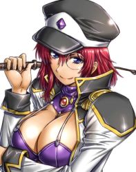 Rule 34 | 00s, 1girl, amania orz, breasts, cleavage, forte stollen, galaxy angel, hat, large breasts, looking at viewer, monocle, red hair, riding crop, short hair, skindentation, solo, upper body, white background