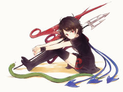 Rule 34 | 1girl, animal, asymmetrical wings, black dress, black hair, black thighhighs, dress, expressionless, full body, hisona (suaritesumi), houjuu nue, knees up, leaning forward, looking at viewer, medium hair, nail polish, no shoes, polearm, red eyes, red nails, short dress, short sleeves, simple background, sitting, snake, solo, thighhighs, touhou, trident, weapon, white background, wings, wrist cuffs
