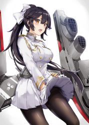 Rule 34 | 1girl, aiguillette, arisaka ako, azur lane, black hair, black pantyhose, bow, breasts, commentary request, dress, gloves, hair bow, high ponytail, large breasts, long hair, long sleeves, looking at viewer, military, military uniform, miniskirt, open mouth, pantyhose, pleated skirt, ponytail, revision, rigging, sidelocks, simple background, skirt, solo, takao (azur lane), teeth, thighband pantyhose, uniform, very long hair, white bow, white dress, wind, wind lift, yellow eyes