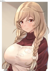 Rule 34 | 1girl, braid, breasts, brown eyes, cloud hair ornament, dress, highres, kantai collection, large breasts, light brown hair, long hair, long sleeves, looking at viewer, low twin braids, minegumo (kancolle), official alternate costume, red shirt, shiromaru (maniado), shirt, sleeveless, sleeveless dress, solo, twin braids, upper body