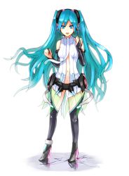 Rule 34 | 1girl, aqua eyes, aqua hair, bad id, bad pixiv id, belt, elbow gloves, female focus, full body, gloves, hatsune miku, hatsune miku (append), highres, long hair, necktie, nosuku, simple background, smile, solo, thighhighs, twintails, very long hair, vocaloid, vocaloid append, white background, zettai ryouiki