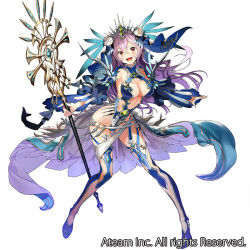 Rule 34 | 1girl, :d, blue eyes, breasts, commentary request, crown, full body, gaou (umaiyo puyoman), gullveig (valkyrie connect), hair between eyes, holding, holding weapon, large breasts, leaning forward, long hair, looking at viewer, official art, open mouth, pigeon-toed, purple hair, simple background, smile, solo, standing, thighhighs, valkyrie connect, waist cape, watermark, weapon, white background, yellow eyes