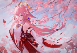 Rule 34 | 1girl, animal ears, bare shoulders, blouse, blurry, branch, cherry blossoms, commentary, cowboy shot, crossed bangs, depth of field, detached sleeves, ear piercing, earrings, fox ears, genshin impact, hand up, high collar, highres, japanese clothes, jewelry, kimono, ladywaltz, long hair, low-tied long hair, miko, obi, outstretched arm, petals, piercing, pink hair, purple eyes, sash, shirt, sidelocks, sky, smile, solo, standing, twitter username, white shirt, yae miko