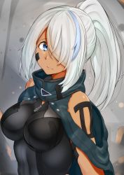 Rule 34 | 1girl, blue eyes, blue hair, bodysuit, breasts, character request, closed mouth, dark-skinned female, dark skin, god eater, god eater 3, hair over one eye, highres, large breasts, medium hair, ponytail, protagonist (god eater), skin tight, solo, tan, upper body, white hair, yuzu lemon