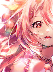 Rule 34 | 1girl, bare shoulders, bloom, blurry, blurry background, cherry hair ornament, close-up, commentary, flower in eye, food-themed hair ornament, frilled shirt, frills, hair ornament, hatsune miku, highres, lengchan (fu626878068), long hair, looking at viewer, necktie, parted lips, pink eyes, pink hair, pink necktie, pink shirt, pink theme, portrait, sakura miku, shirt, sleeveless, sleeveless shirt, smile, solo, sparkle, symbol in eye, vocaloid