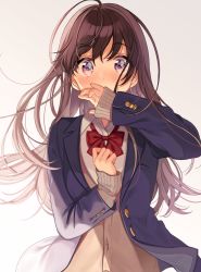 Rule 34 | 1girl, ahoge, blazer, blue eyes, blue jacket, blush, bow, brown hair, cardigan, covering own mouth, hand over own mouth, highres, jacket, long hair, original, red bow, school uniform, shigure ui, sleeves past wrists, solo, upper body