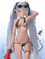 Rule 34 | 1girl, absurdres, adjusting hair, arm behind head, armpits, bikini, black bikini, black gloves, blue archive, blush, bow, breasts, choker, cleavage, commentary request, dark skin, demon girl, demon tail, eyes visible through hair, eyewear on head, gloves, glow (user hnpv7785), hair bow, hair over one eye, hair ribbon, highres, holding, holding megaphone, iori (blue archive), iori (swimsuit) (blue archive), long hair, looking at viewer, megaphone, multi-strapped bikini bottom, navel, pointy ears, ribbon, side-tie bikini bottom, sidelocks, simple background, smile, solo, stomach, sunglasses, swimsuit, tail, thighlet, twintails, white background