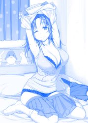 Rule 34 | 1girl, arms up, bed sheet, blue theme, bra, breasts, cleavage, copyright request, curtains, female focus, himura kiseki, kneehighs, lace, lace-trimmed bra, lace-trimmed panties, lace trim, large breasts, long hair, messy hair, monochrome, no shoes, on bed, one eye closed, panties, pillow, school uniform, serafuku, sitting, skirt, smile, socks, solo, stuffed animal, stuffed penguin, stuffed toy, tank top, underwear, undressing, wariza
