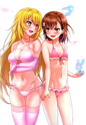 Rule 34 | 2girls, absurdres, animal, arms under breasts, bikini, blonde hair, blush, breast envy, breasts, brown eyes, brown hair, collarbone, crossed arms, elbow gloves, electricity, electrokinesis, fantasy, feet out of frame, female focus, frilled bikini, frills, frog, front-tie bikini top, front-tie top, gekota, gloves, hair between eyes, hair ornament, highres, huge filesize, isshi pyuma, large breasts, long hair, looking at another, medium hair, misaka mikoto, multicolored eyes, multiple girls, navel, non-web source, open mouth, pink bikini, psychic, scan, science fiction, shokuhou misaki, short hair, small breasts, smile, sparkle, sparkling eyes, standing, star-shaped pupils, star (symbol), stomach, swimsuit, symbol-shaped pupils, thighhighs, thighs, toaru kagaku no railgun, toaru majutsu no index, tongue, v-shaped eyebrows, very long hair, yellow eyes