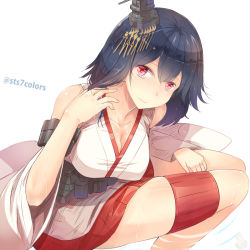 Rule 34 | 10s, 1girl, black hair, breasts, cleavage, detached sleeves, female focus, hair ornament, jewelry, kantai collection, large breasts, leaning forward, looking at viewer, nontraditional miko, red eyes, ring, short hair, simple background, smile, solo, sts, wedding band, white background, yamashiro (kancolle)
