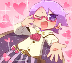 1girl, ;d, belt, belt buckle, black cape, blush, brown belt, brown cape, brown shirt, buckle, cape, commentary request, copyright request, dutch angle, glasses, hand up, heart, highres, long sleeves, looking at viewer, naga u, one eye closed, open mouth, outstretched arm, pants, pink background, purple eyes, purple hair, red-framed eyewear, semi-rimless eyewear, shirt, smile, solo, sparkle, striped, under-rim eyewear, vertical-striped pants, vertical stripes