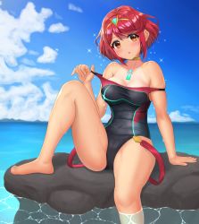Rule 34 | 1girl, bad id, bad pixiv id, bare shoulders, beach, blush, bob cut, breasts, brown eyes, caustics, cleavage, competition swimsuit, day, gold trim, head tilt, highres, jewelry, large breasts, looking at viewer, neck ring, nemunemu semi, neon trim, nintendo, one-piece swimsuit, one-piece tan, outdoors, parted lips, pyra (pro swimmer) (xenoblade), pyra (xenoblade), red hair, short hair, sitting, solo, swept bangs, swimsuit, tan, tanline, tiara, water, wet, xenoblade, xenoblade chronicles (series), xenoblade chronicles 2
