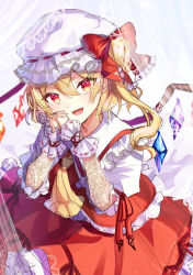Rule 34 | 1girl, :d, ascot, blonde hair, blush, bow, commentary request, crystal, eyelashes, fang, flandre scarlet, frilled bow, frilled shirt collar, frilled skirt, frills, hair between eyes, happy, hat, hat bow, hat ribbon, looking at viewer, mob cap, on bed, one side up, open mouth, own hands together, puffy short sleeves, puffy sleeves, red bow, red eyes, red ribbon, red skirt, red vest, ribbon, short hair, short sleeves, side ponytail, sitting, skirt, smile, solo, tongue, touhou, usushio, vest, white curtains, white hat, wings, wrist cuffs, yellow ascot