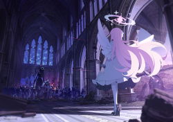 Rule 34 | 6+girls, blue archive, cathedral, church, damaged, gatling gun, glowing, glowing eyes, gun, halo, highres, interior, lens flare, long hair, mika (blue archive), multiple girls, official art, pantyhose, ruins, spoilers, standing, weapon, wings