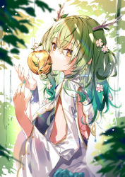 Rule 34 | 1girl, antlers, apple, braid, braided bangs, branch, breasts, brown eyes, ceres fauna, commentary request, dress, flower, food, from side, fruit, golden apple, green hair, green nails, hair between eyes, hair flower, hair ornament, hands up, highres, hololive, hololive english, horns, kasumi komo, large breasts, long hair, long sleeves, looking at viewer, nail polish, parted lips, single braid, solo, upper body, virtual youtuber, white dress, white flower, wide sleeves