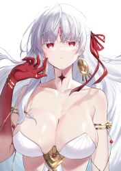 Rule 34 | 1girl, absurdres, armlet, bare shoulders, body markings, bracelet, breasts, cleavage, closed mouth, collarbone, colored skin, durga (fate), earrings, facial mark, fate/grand order, fate (series), forehead mark, gradient skin, grey hair, hair ribbon, highres, hijiri (sacra 0419), jewelry, large breasts, long hair, looking at viewer, red eyes, red skin, revealing clothes, ribbon, solo, thumb ring, very long hair