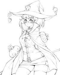 Rule 34 | blush, cape, collar, fasces (jeson110), freckles, glasses, greyscale, hat, jack-o&#039;-lantern, miniskirt, monochrome, pumpkin, short hair, skirt, solo, thighhighs, witch, witch hat, zettai ryouiki