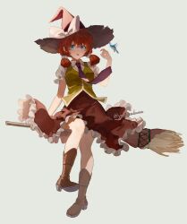 Rule 34 | absurdres, arm at side, artist name, bird, blue bird, blue eyes, boots, bow, broom, broom riding, brown footwear, brown skirt, collared shirt, floating clothes, flower hairtie, frilled skirt, frills, full body, green shirt, green vest, hair between eyes, hand rest, hand up, hat, hat bow, high heel boots, high heels, highres, large bow, long skirt, looking ahead, low twintails, medium hair, neckerchief, original, parted lips, pigeon-toed, puffy short sleeves, puffy sleeves, purple neckerchief, red hair, scrunchie, shirt, short sleeves, short twintails, simple background, sitting, skirt, sleeveless, swept bangs, twintails, unkempt, vest, white background, white bow, white scrunchie, white sleeves, white trim, wing collar, witch, witch hat, yos (72112764)