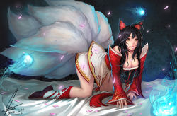 Rule 34 | 1girl, ahoge, ahri (league of legends), animal ears, anti (0324), bare shoulders, bent over, black hair, breasts, cleavage, fox ears, highres, hitodama, korean clothes, large breasts, league of legends, multiple tails, petals, tail, thighs, wisp