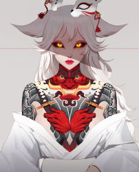 Rule 34 | 1girl, absurdres, animal ears, arm tattoo, bare shoulders, bell, black sclera, breasts, chest tattoo, closed mouth, colored sclera, commentary, english commentary, fox mask, highres, japanese clothes, jingle bell, kimono, kimono pull, long hair, long sleeves, looking at viewer, mask, unworn mask, medium breasts, mole, mole on nose, mole under eye, neck tattoo, original, red lips, shade, slit pupils, solo, tattoo, upper body, white hair, white kimono, wide sleeves, wonbin lee, yellow eyes
