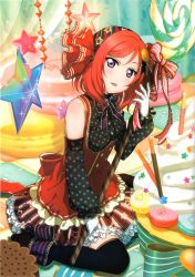 Rule 34 | 10s, 1girl, absurdres, artist request, bare shoulders, black thighhighs, bow, candy, candy wrapper, detached sleeves, food, food-themed ornament, frilled skirt, frills, gloves, hair ornament, highres, huge filesize, lollipop, looking at viewer, love live!, love live! school idol festival, love live! school idol project, macaron, nishikino maki, official art, oversized object, parted lips, polka dot, polka dot sleeves, purple eyes, red hair, sitting, skirt, solo, star (symbol), star print, sweets, swirl lollipop, thighhighs, wariza
