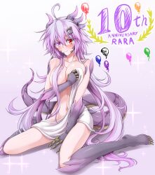 Rule 34 | 1girl, ahoge, anniversary, between legs, blush, breasts, claws, closed mouth, collarbone, commentary request, covering privates, covering breasts, dragon girl, dragon horns, dragon tail, g (genesis1556), groin, hair between eyes, hair ornament, hairclip, hand between legs, heterochromia, highres, horns, large breasts, long hair, looking at viewer, monster girl, naked towel, navel, original, purple background, purple eyes, purple hair, rara (g (genesis1556)), red eyes, scales, sidelocks, sitting, smile, solo, sparkle, stomach, tail, towel, very long hair, wariza