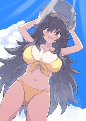 Rule 34 | 1girl, @ @, alternate breast size, bikini, black hair, blush, breasts, cleavage, cloud, collarbone, commentary request, crazy eyes, creatures (company), day, from below, game freak, grey eyes, hair between eyes, hairband, hex maniac (pokemon), highres, holding, large breasts, long hair, looking at viewer, messy hair, nintendo, open mouth, outdoors, perapera, pokemon, pokemon xy, purple hairband, sky, smile, solo, swimsuit, yellow bikini