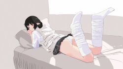 1girl absurdres black_hair doubutsu_koujou highres leg_warmers loose_socks lying medium_hair on_bed on_stomach panties pleated_skirt pointy_ears red_eyes shameimaru_aya shirt skirt sleeveless sleeveless_sweater socks solo sweater touhou underwear white_panties white_shirt