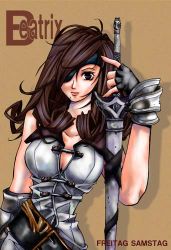 Rule 34 | 00s, 1girl, beatrix, brown background, brown eyes, brown hair, character name, eyepatch, final fantasy, final fantasy ix, knight, lowres, solo, sword, weapon