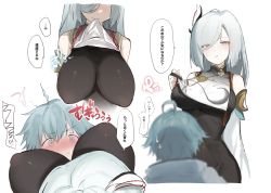 Rule 34 | 1boy, 1girl, absurdres, ahoge, aunt and nephew, blue eyes, blue hair, blush, breasts, chongyun (genshin impact), commentary request, genshin impact, grey eyes, hair between eyes, hair ornament, hair over one eye, highres, huge breasts, incest, large breasts, otsumami (02mami), shenhe (genshin impact), translation request, white hair
