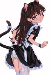 Rule 34 | 1girl, animal ears, apron, ass, back bow, black dress, blue eyes, blush, bow, brown hair, cat ears, cat tail, clothes lift, commentary request, cowboy shot, dress, dress lift, elisia valfelto, embarrassed, frilled apron, frilled dress, frills, from behind, garter straps, hair intakes, highres, lifted by tail, long hair, looking at viewer, looking back, luicent, maid, maid apron, open mouth, original, panties, puffy short sleeves, puffy sleeves, short sleeves, simple background, solo, tail, tail bow, tail ornament, thighhighs, underwear, white background, white panties, white thighhighs, wrist cuffs