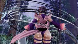 Rule 34 | 1girl, 3d, alternate color, ass, ass focus, black leotard, breasts, butterfly swords, curvy, forest, highleg, highleg leotard, highres, holding, holding weapon, huge ass, iroha (samurai spirits), large breasts, leotard, maid, maid headdress, nature, ryona, samurai spirits, screencap, shiny skin, sideboob, skindentation, sky, solo, standing, thighhighs, third-party edit, thong leotard, tree, weapon, wide hips, wind