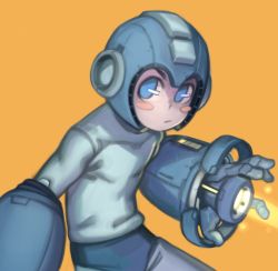 Rule 34 | 1boy, android, arm cannon, beam cannon, blue bodysuit, blue eyes, blush stickers, bodysuit, helmet, joints, kelvin hiu, male focus, mega man (character), mega man (classic), mega man (series), orange background, oversized forearms, oversized limbs, robot joints, simple background, solo, standing, transformation, weapon
