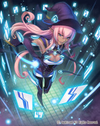 Rule 34 | 1girl, breasts, cardfight!! vanguard, cleavage, company name, curly hair, dark skin, dark-skinned female, gloves, hat, long hair, official art, pantyhose, pink eyes, pink hair, pointy ears, solo, teeth, terumii, witch hat, witch of cursed talisman etain