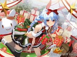 Rule 34 | 1girl, animal ears, bare shoulders, blue hair, bow, bowtie, box, braid, carrot, closed mouth, crop top, extra ears, frilled skirt, frills, gift, gift box, hair between eyes, hair bow, holding, holding box, hololive, kneeling, long hair, looking at viewer, official art, pekomon (usada pekora), rabbit ears, red bow, red bowtie, red eyes, scottie (phantom2), single thighhigh, skirt, smile, solo, star (symbol), striped clothes, striped thighhighs, thick eyebrows, thighhighs, twin braids, twintails, usada pekora, vertical-striped clothes, vertical-striped thighhighs, virtual youtuber