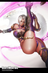 Rule 34 | 1girl, ass, bare shoulders, blue eyes, breasts, cameltoe, cleavage, dantewontdie, gauntlets, highres, huge breasts, isabella valentine, leg up, lipstick, makeup, purple legwear, purple lips, revealing clothes, shiny skin, short hair, silver hair, simple background, single gauntlet, solo, soul calibur, underboob, weapon, whip, whip sword, white background