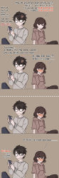 Rule 34 | ..., 1boy, 1girl, 4koma, anger vein, black hair, blue pants, blush, brother and sister, brown hair, brown hoodie, brown pants, cellphone, closed mouth, comic, commentary, embarrassed, english commentary, english text, flustered, grey shirt, hair between eyes, hands up, highres, holding, holding phone, hood, hood down, hoodie, kawacy, long sleeves, nose blush, original, pants, parted lips, phone, shirt, short sleeves, siblings, sitting, smirk, sweat, v-shaped eyebrows