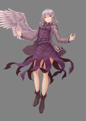 Rule 34 | 1girl, bare legs, belt, braid, expressionless, feathered wings, from below, full body, grey background, highres, hundred-jpy, jacket, kishin sagume, looking at viewer, looking down, medium hair, purple skirt, red eyes, silver hair, simple background, single wing, skirt, solo, touhou, white jacket, wings