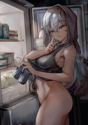 Rule 34 | 1girl, absurdres, bottle, bottomless, breasts, can, commentary, finger to mouth, food, grey eyes, grey hair, grey tank top, highres, holding, holding can, indoors, long hair, medium breasts, original, refrigerator, refrigerator interior, shelf, shushing, soleil (soleilmtfbwy03), symbol-only commentary, tank top, towel, towel on head