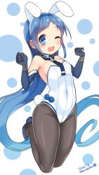 Rule 34 | 10s, 1girl, 2015, ;d, adapted costume, animal ears, blue eyes, blue hair, dated, elbow gloves, fake animal ears, gloves, highres, image sample, kantai collection, kuro chairo no neko, leotard, long hair, matching hair/eyes, one eye closed, open mouth, pantyhose, playboy bunny, polka dot, polka dot background, rabbit ears, samidare (kancolle), simple background, smile, solo, twitter username, very long hair