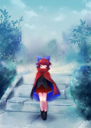 Rule 34 | 1girl, bad id, bad pixiv id, bow, cape, cloud, day, hair bow, highres, long sleeves, one eye closed, red eyes, red hair, sekibanki, short hair, skirt, solo, stairs, touhou, uranaishi (miraura), wink
