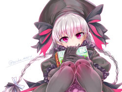 Rule 34 | alice (fate), beret, black dress, black hat, blush, book, bow, braid, breasts, closed mouth, doll joints, dress, fate/extra, fate (series), frills, hat, joints, knees up, long hair, looking at viewer, nursery rhyme (fate), puffy short sleeves, puffy sleeves, purple eyes, short sleeves, silver hair, small breasts, smile, torichamaru, twin braids