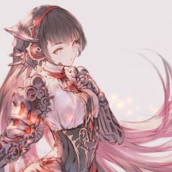 Rule 34 | 1girl, android, armor, black hair, breasts, closed mouth, dress, gears, gem, hair ornament, highres, joints, long hair, looking at viewer, mono garnet rebel, n.a., red eyes, robot joints, shadowverse, solo