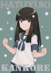 Rule 34 | 10s, 1girl, absurdres, black hair, blue background, blush, brown eyes, character name, clenched hands, hatsuyuki (kancolle), highres, hime cut, kantai collection, kunreishiki, long hair, looking at viewer, romaji text, school uniform, serafuku, simple background, snowflakes, solo, w arms, yagitome87
