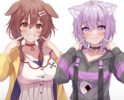 Rule 34 | 2girls, :3, ahoge, animal collar, animal ear fluff, animal ears, black collar, black hoodie, blush, bone hair ornament, braid, breasts, brown eyes, brown hair, buttons, cat ears, cat girl, collar, collarbone, dog ears, dog girl, drawstring, dress, fingers to cheeks, grin, hair ornament, heart, highres, hololive, hood, hood down, hoodie, inugami korone, inugami korone (1st costume), jacket, large breasts, long hair, long sleeves, low twin braids, multiple girls, nekomata okayu, nekomata okayu (1st costume), onigiri print, purple eyes, purple hair, red collar, short hair, simple background, sleeveless, sleeveless dress, sleeves past wrists, smile, suicabar72, teeth, twin braids, upper body, virtual youtuber, white background, white dress, yellow jacket